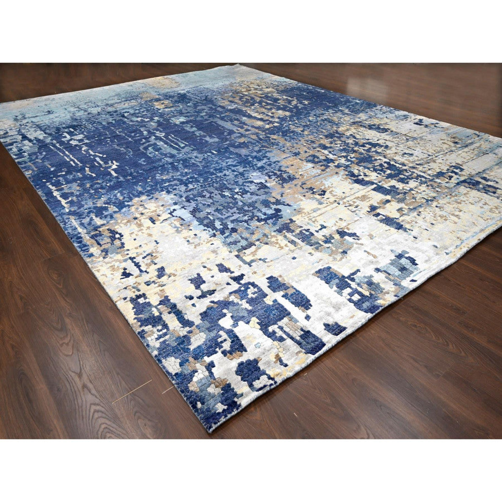 Blue, Mosaic Design, Wool and Silk, Hand Knotted, Oversized Rug, 13'9"x17'9"