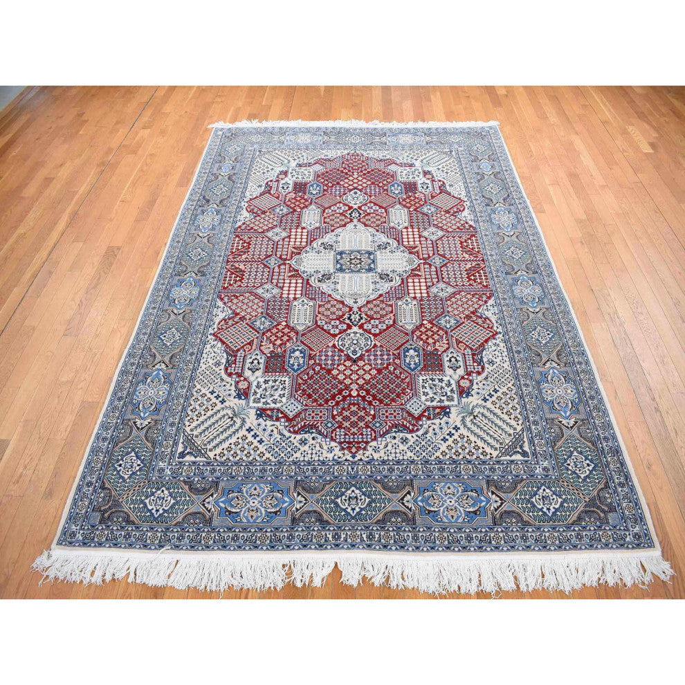 Red New Persian Nain Flower Rosettes Wool and Silk Hand Knotted Rug 7'3"x10'9"