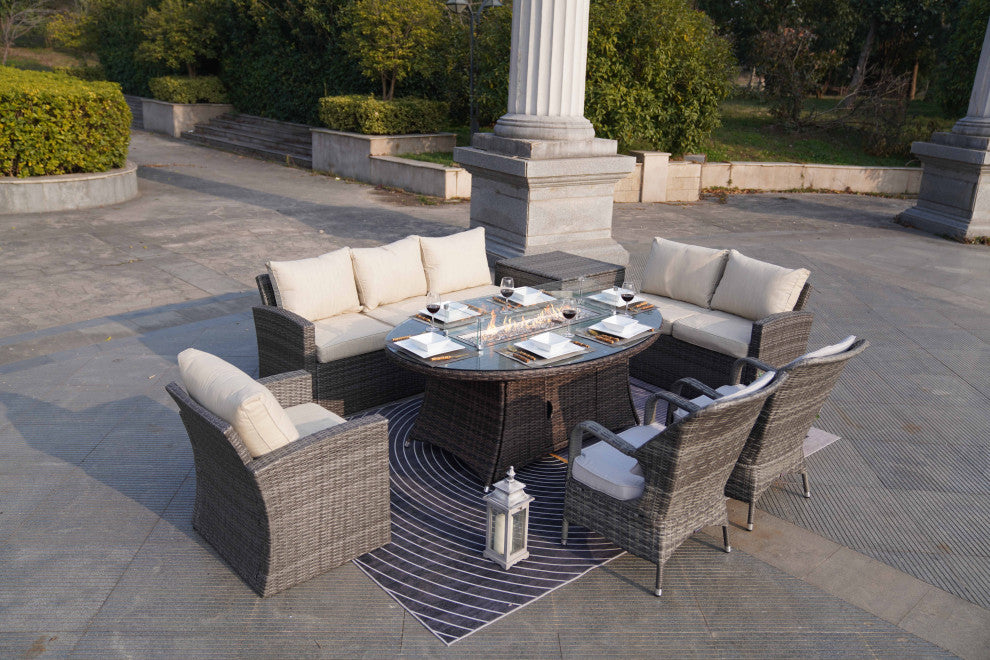 7-Piece Outdoor Gray Wicker Sofa Set with Chairs, Brown Fire Pit Table