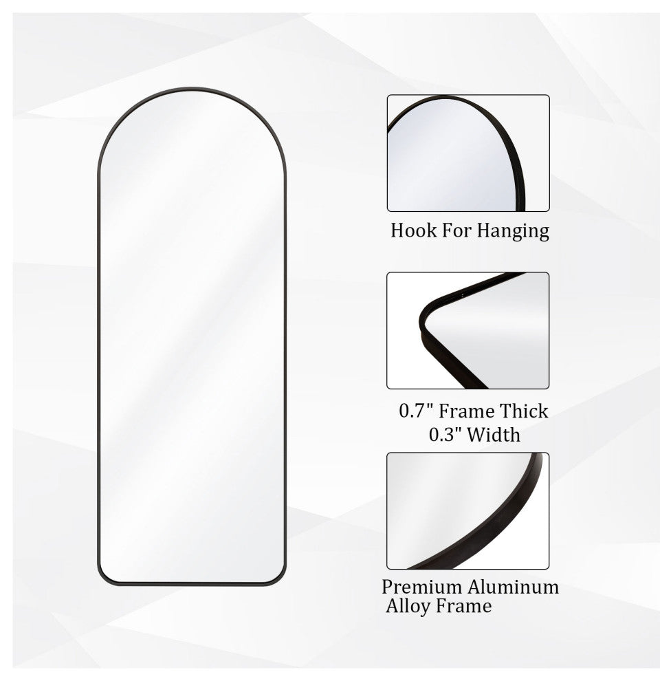 Easly 20x63 Aluminum Alloy Framed Arched Rounded Floor Mirror, Black