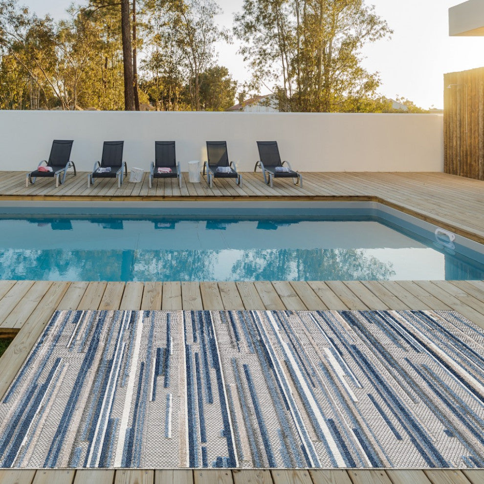 3"x5" Blue Abstract Striped Indoor Outdoor Area Rug