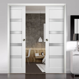 Double Pocket Doors 48x80|Frames|Quadro 4113 White Silk|Frosted Opaque Glass