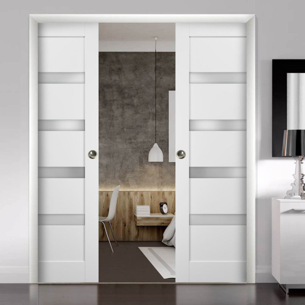 Double Pocket Doors 48x80|Frames|Quadro 4113 White Silk|Frosted Opaque Glass