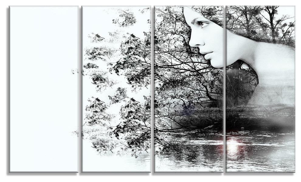 Woman and Beauty of Nature, Landscape Canvas Print, 48"x28", 4 Panels