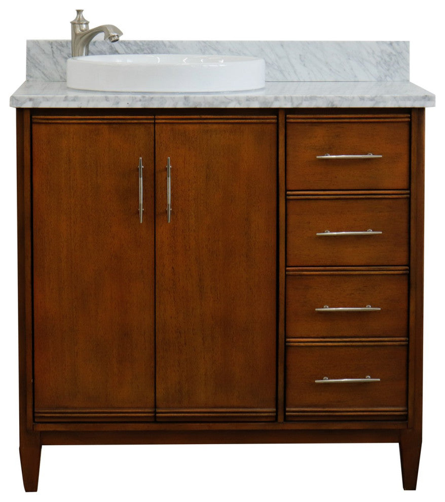 37" Single Vanity, Walnut Finish With White Carrara