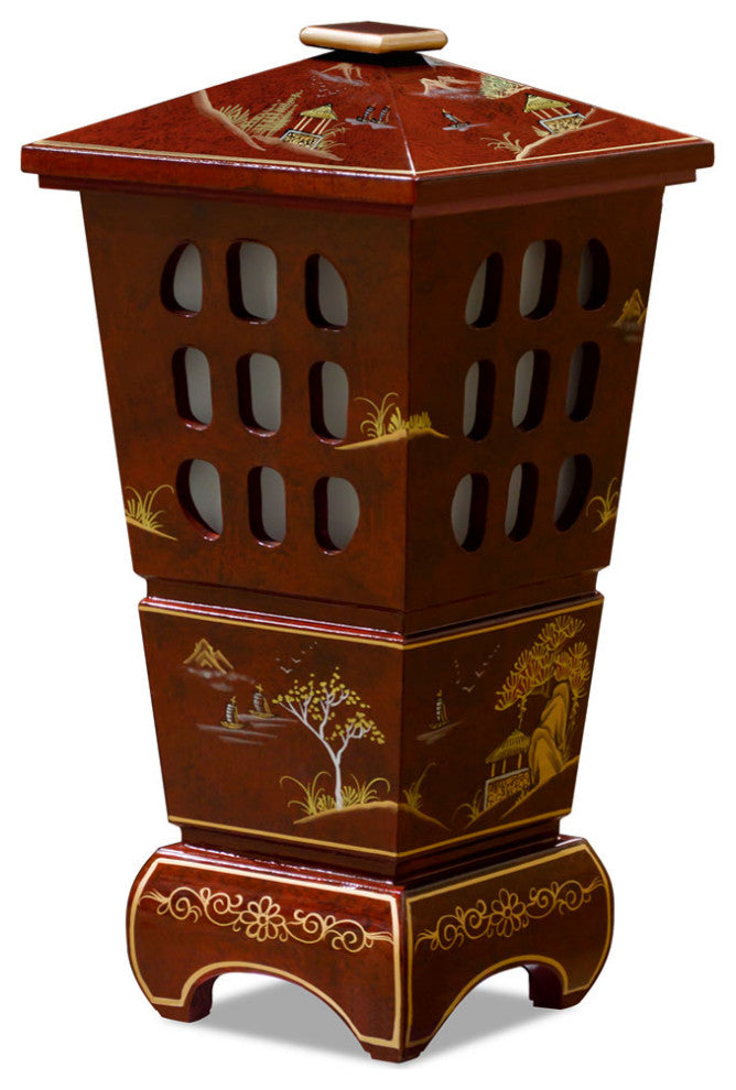 Red Lacquer Chinoiserie Scenery Oriental Pagoda Lantern