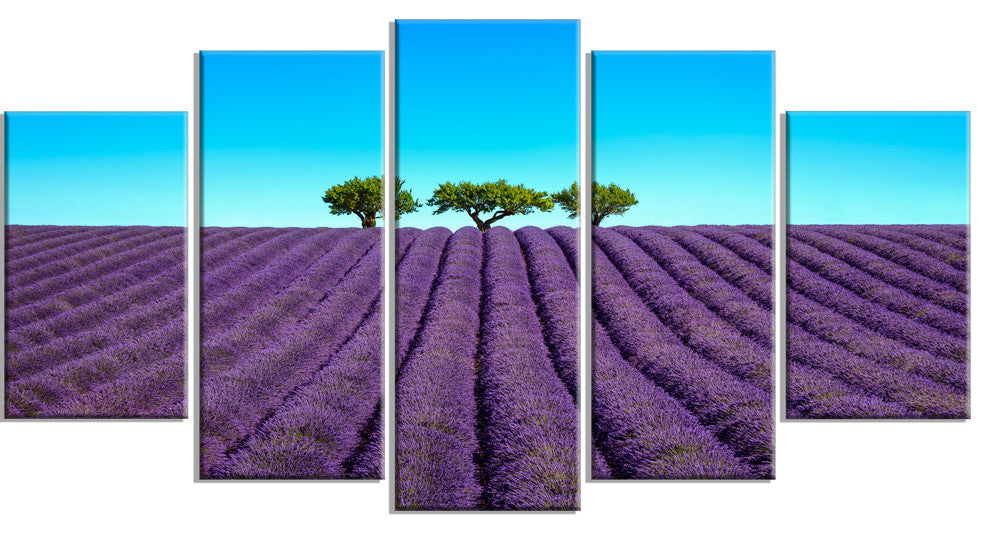 "Lavender Flowers and Uphill Green Trees" Landscape Wall Art, 5 Panels, 60"x32"