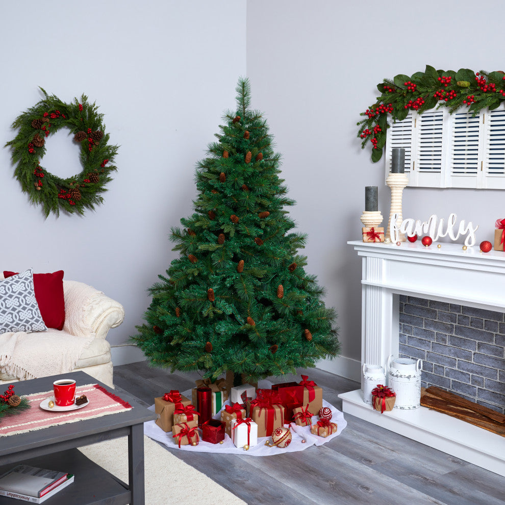 6.5' West Virginia Full Bodied Mixed Pine Faux Xmas Tree W/ Lights & Pinecones