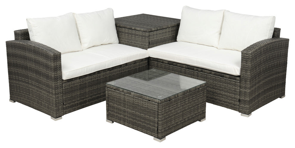 4 Pieces Outdoor Rattan Wicker Patio Sectional With Storage and Cushions