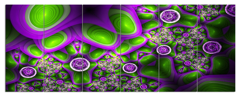 Green Purple Exotic Pattern, Abstract Wall Art Canvas, 70"x28", 6 Panels