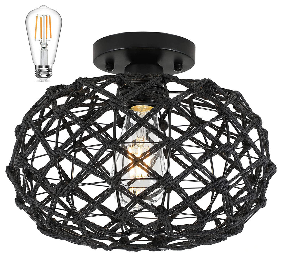 Rattan Semi Flush Mount Ceiling Light Basket Woven Wicker Boho Ceiling Lamp