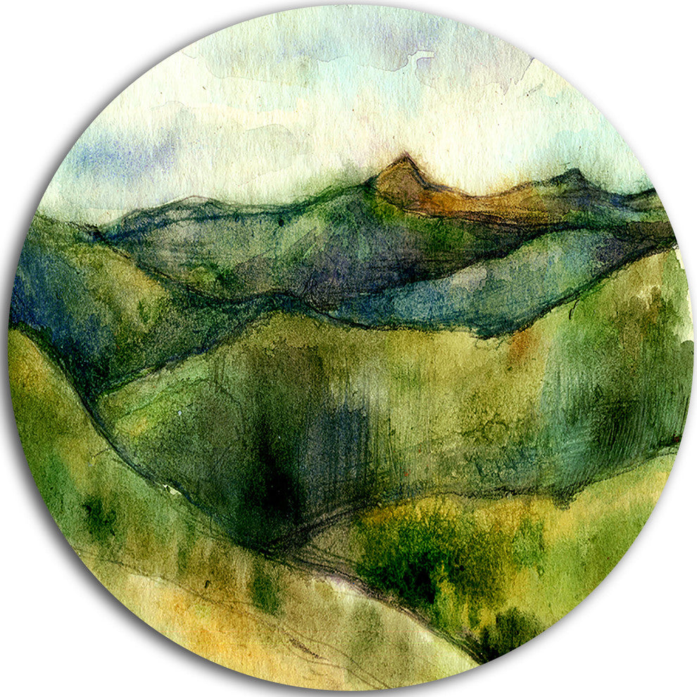 Green Mountains Watercolor, Landscape Painting Disc Metal Artwork, 11"