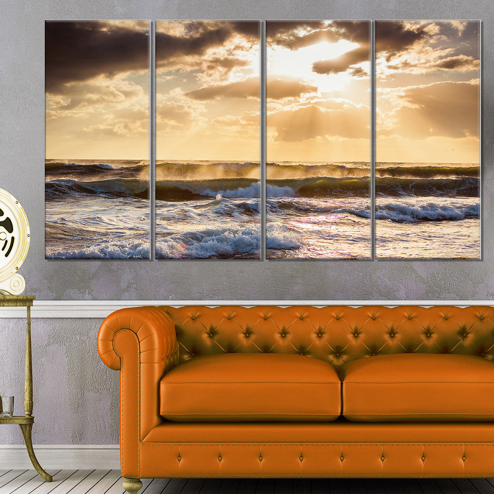 "Sunrise and Roaring Blue Sea Waves" Beach Canvas Wall Art, 4 Panels, 48"x28"