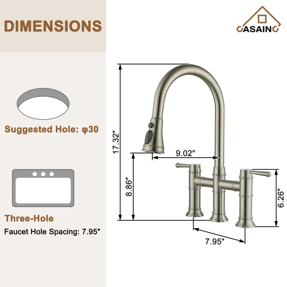 CASAINC Kitchen Faucet Centerset Bridge 3-Function 2-Handle Pull-Down Spray, Brushed Nickel