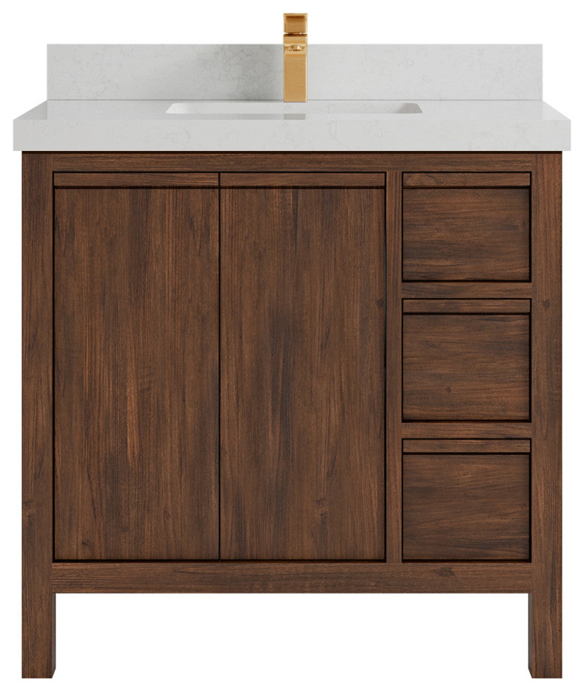 Elizabeth 36 Center Sink Bath Vanity in Dark Walnut Teak 2" Carrara Quartz