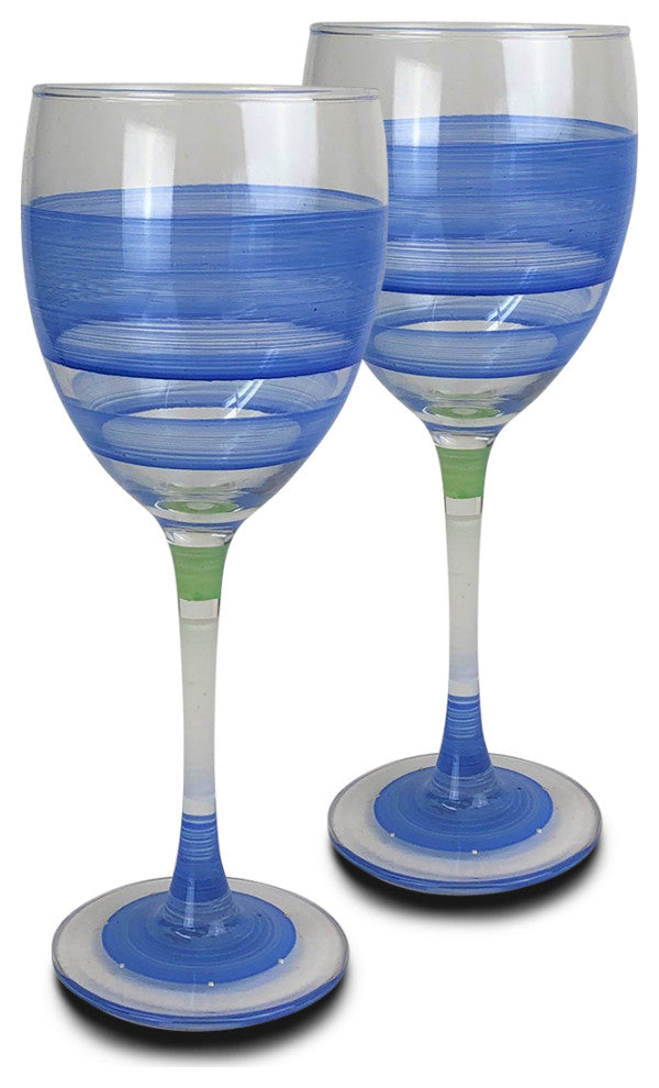 Retro Stripe Blue Wine Glasses, Set of 2