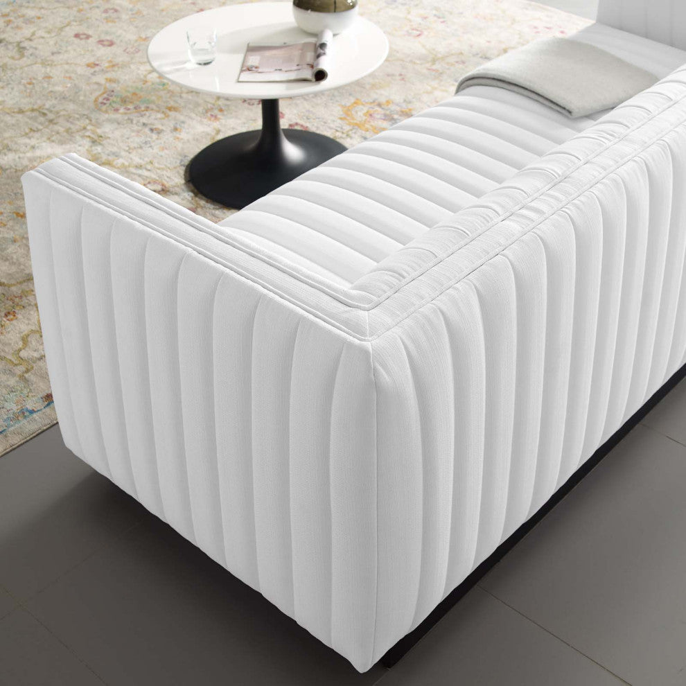 Tufted Sofa, Fabric, White, Modern, Living Lounge Room Hotel Lobby Hospitality