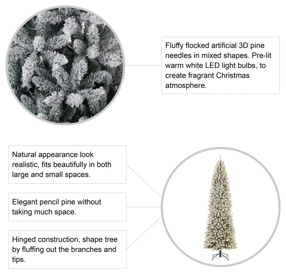 9ft Pre-Lit Flocked Pencil Fir Artificial Christmas Tree With 600 Warm Light