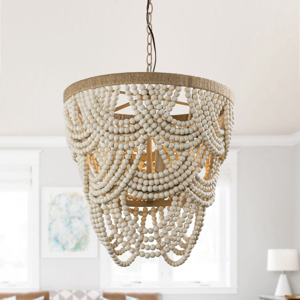 4-Light Farmhouse Wood Beaded Chandelier Candle Style