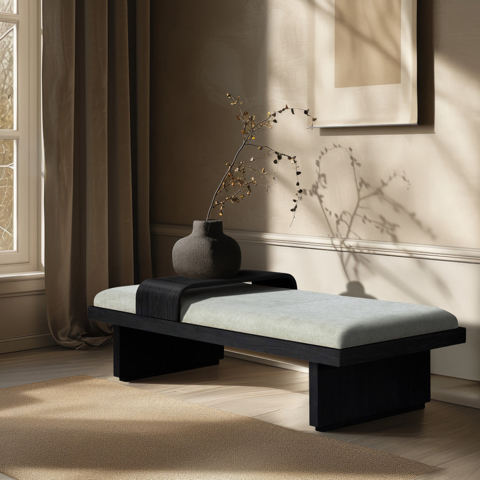 Arlington Chenille Fabric Upholstered Bench, Green, Black Finish