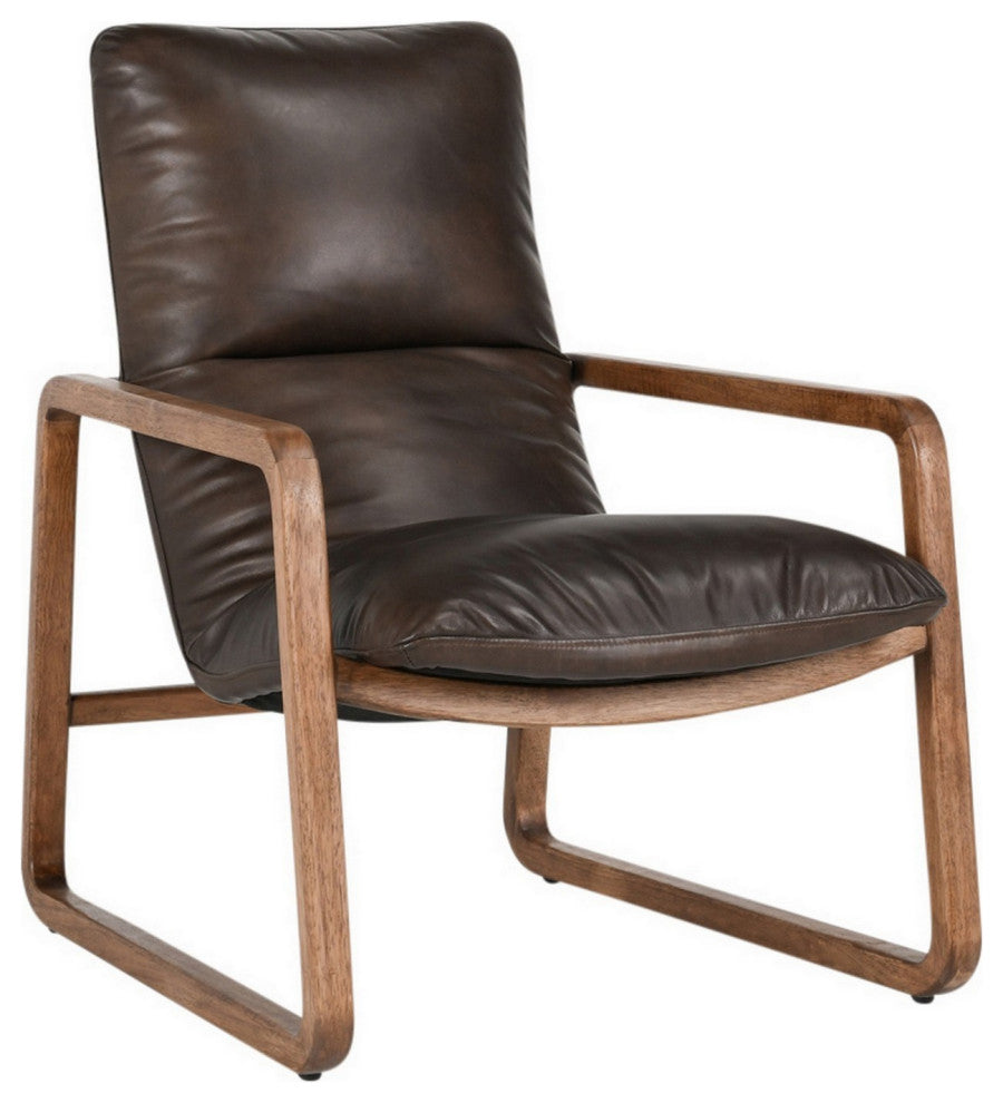 Benzara BM282995 Classic Accent Chair, Top Grain Leather, Rubberwood, Brown