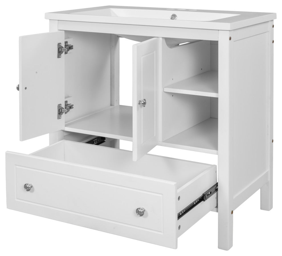 30" W x 18., D. x 32" H Bath Vanity, White Ceramic Top, White