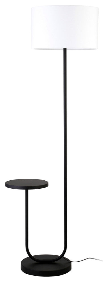 66" Black Tray Table Floor Lamp With White No Pattern Frosted Glass Drum Shade
