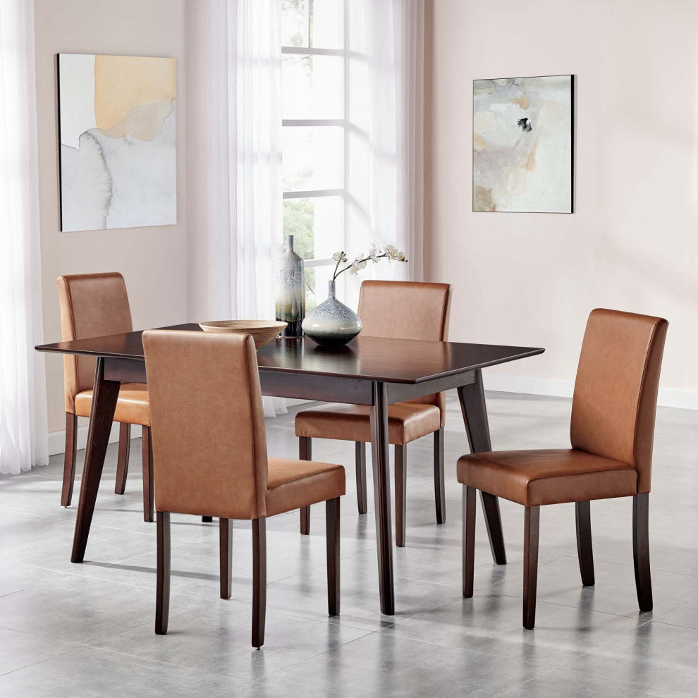 Side Dining Chair and Table Set, Faux Leather, Drak Brown Tan, Modern, Bistro