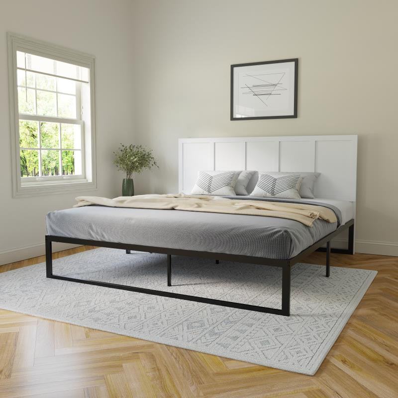 Oliver Paneled Wooden Adjustable Headboard for Metal Bed Frames, White, King