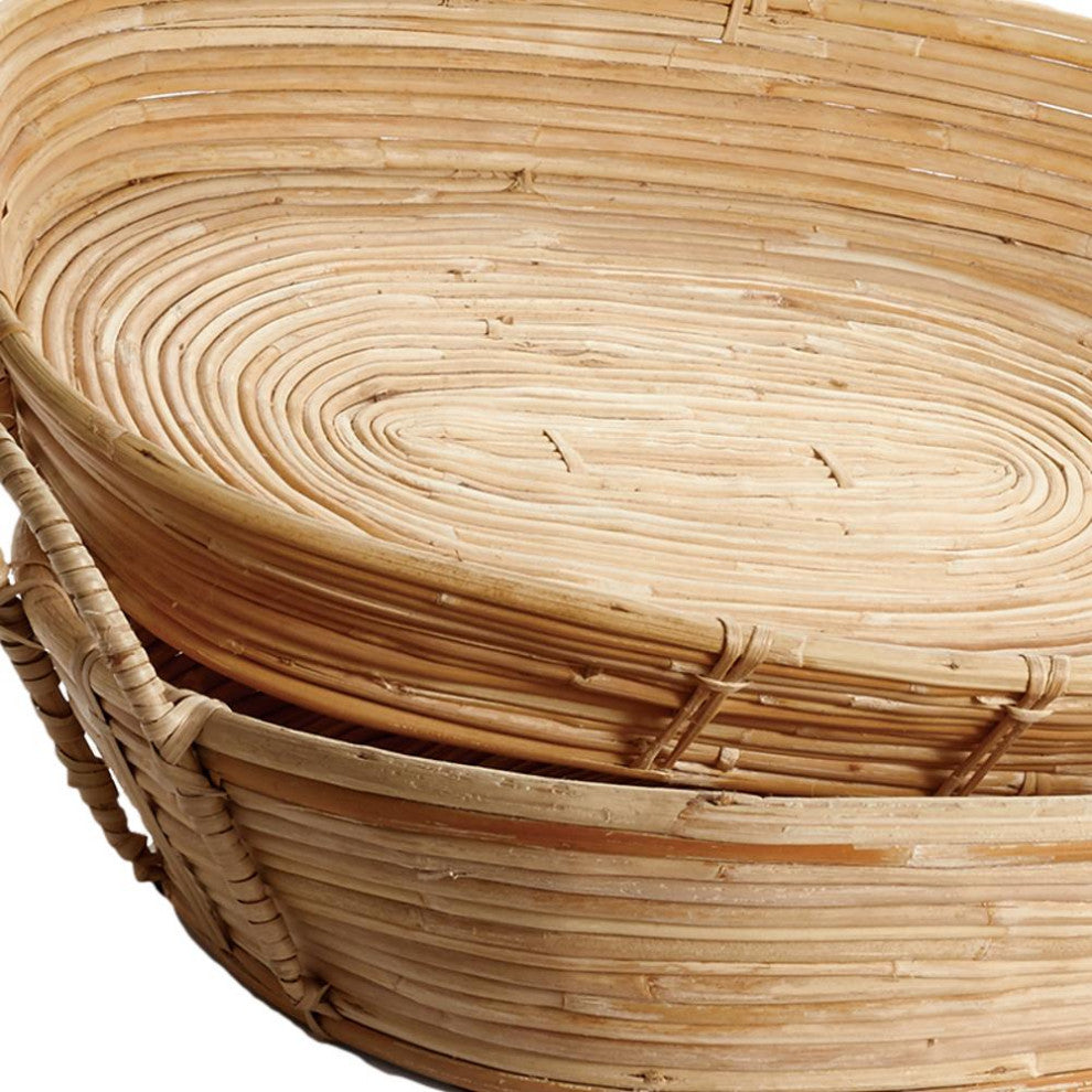 Set of 2 Oval Cane Rattan Basket Trays with Handles 24 in Serving Coastal Boho