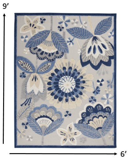 6' X 9' Blue And Gray Floral Indoor Outdoor Area Rug