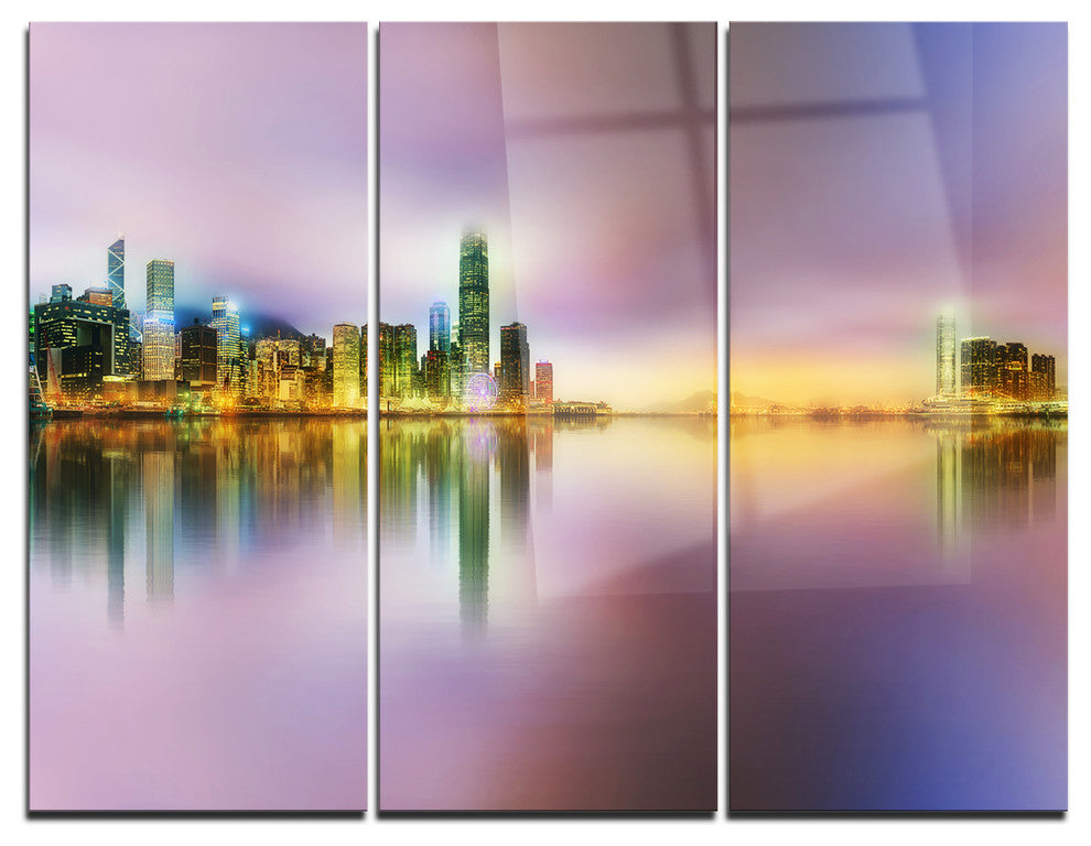 "Hong Kong Panorama at Twilight" Photo Metal Wall Art, 3 Panels, 36"x28"