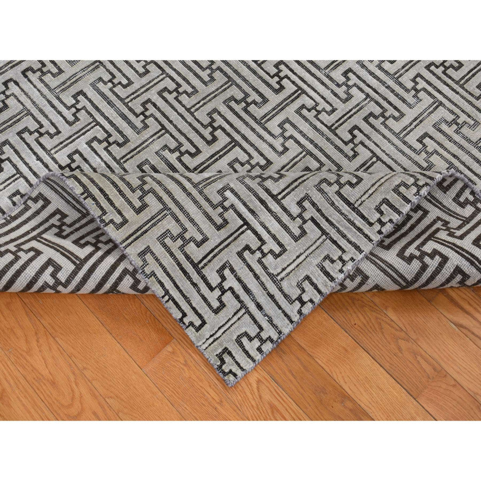 Gray Pure Silk With Wool Roman Key Design Hand Knotted Oriental Rug 7'10"x10'3"