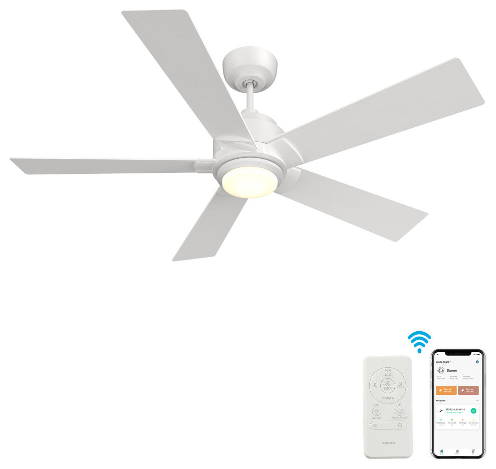 CARRO 52'' 5 Blades Smart Ceiling Fan with Remote Control and Dim LED Light, White