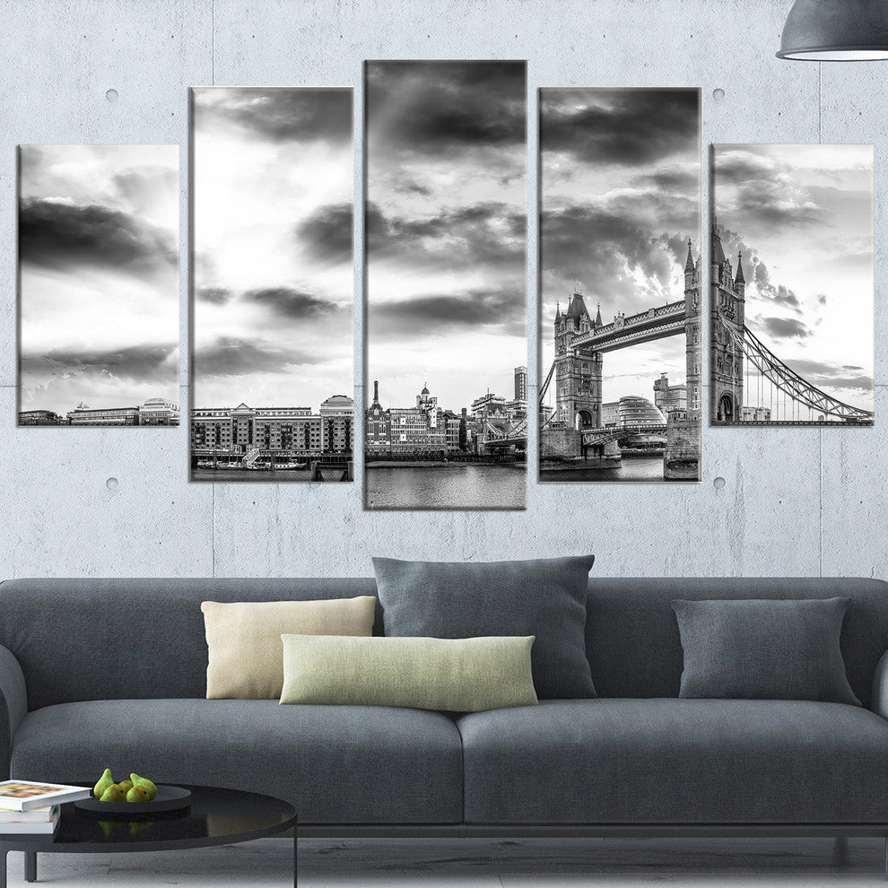 "Black and White View of London" Panorama Cityscape Wall Art, 60"x32", 5-Panels
