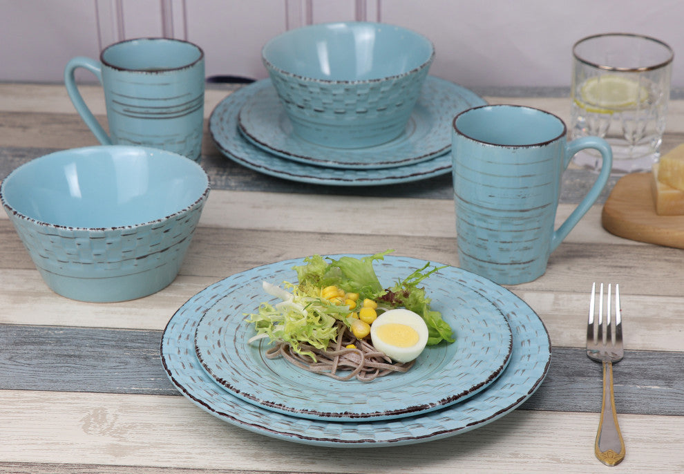 Basketweave 16 Piece Stoneware Dinner Set, Service for 4, Blue