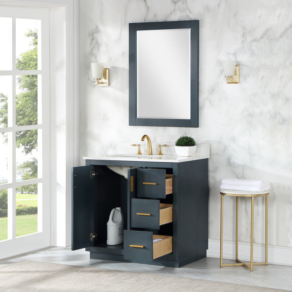 Gazsi Charcoal Blue Bathroom Vanity Set, 36", With Mirror