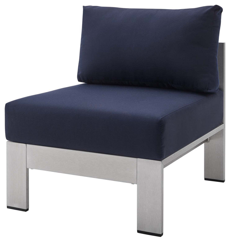 Sectional Sofa Chair Table Set, Sunbrella, Aluminum, Silver Blue Navy, Outdoor