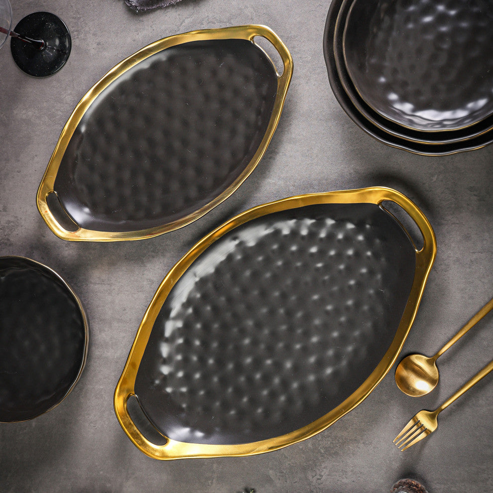 2-Piece Stone Lain Florian Porcelain Serving Plate Set, Black