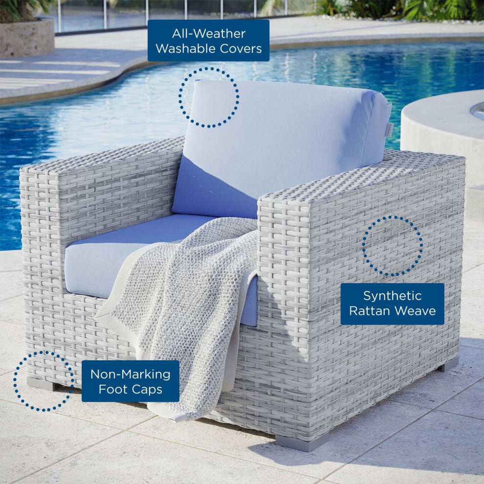 Lounge Chair Armchair, Rattan, Wicker, Gray Blue, Modern, Outdoor Patio