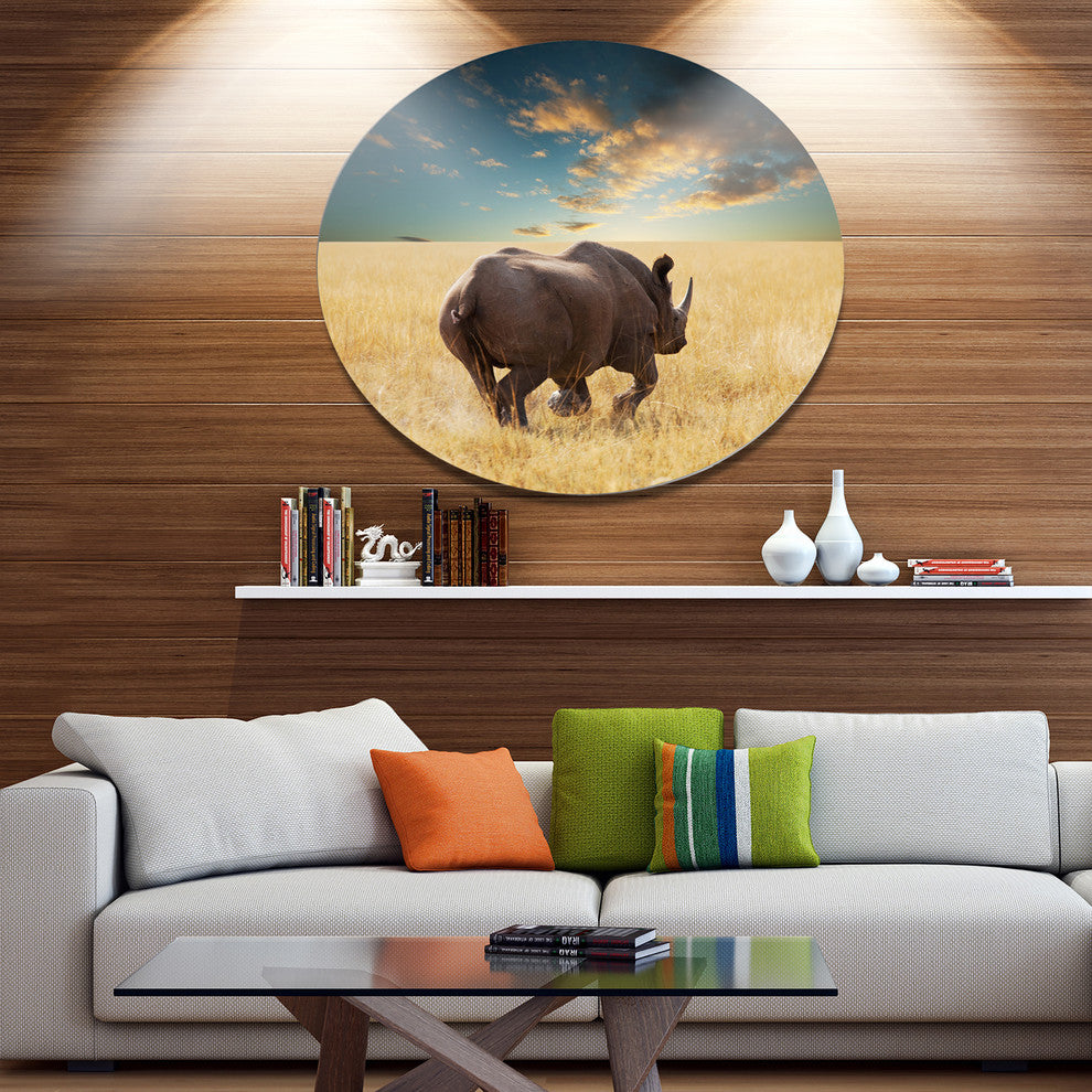 Giant Rhino Under Cloudy Sky, African Round Metal Wall Art, 11"