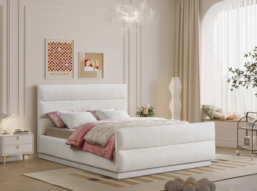Paxton Chenille Fabric Upholstered Bed, Cream, King