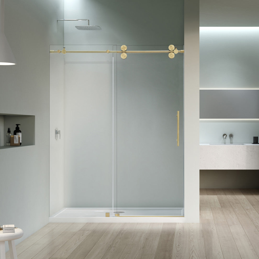 Lazaro Single Sliding Frameless Shower Door, Clear, Brushed Gold, 60"wx78"h
