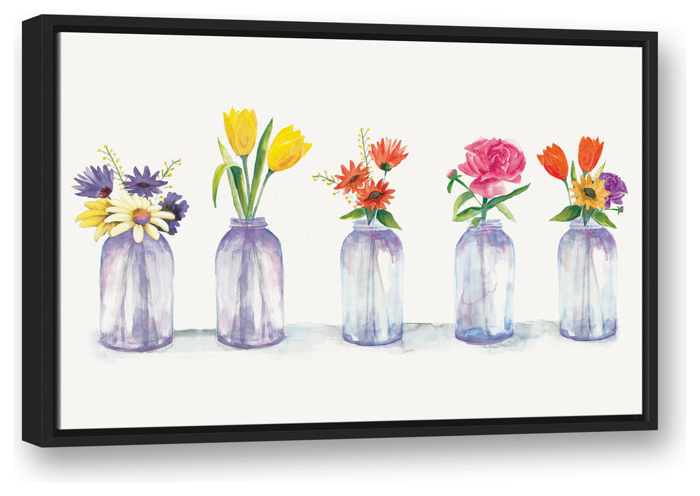 Painted Flowers in Glass Jars Print 20x30 Black Floating Framed Canvas