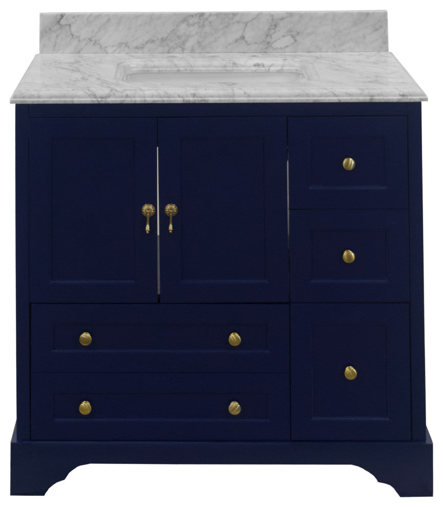 Madison 36" Bathroom Vanity, Royal Blue, Carrara Marble
