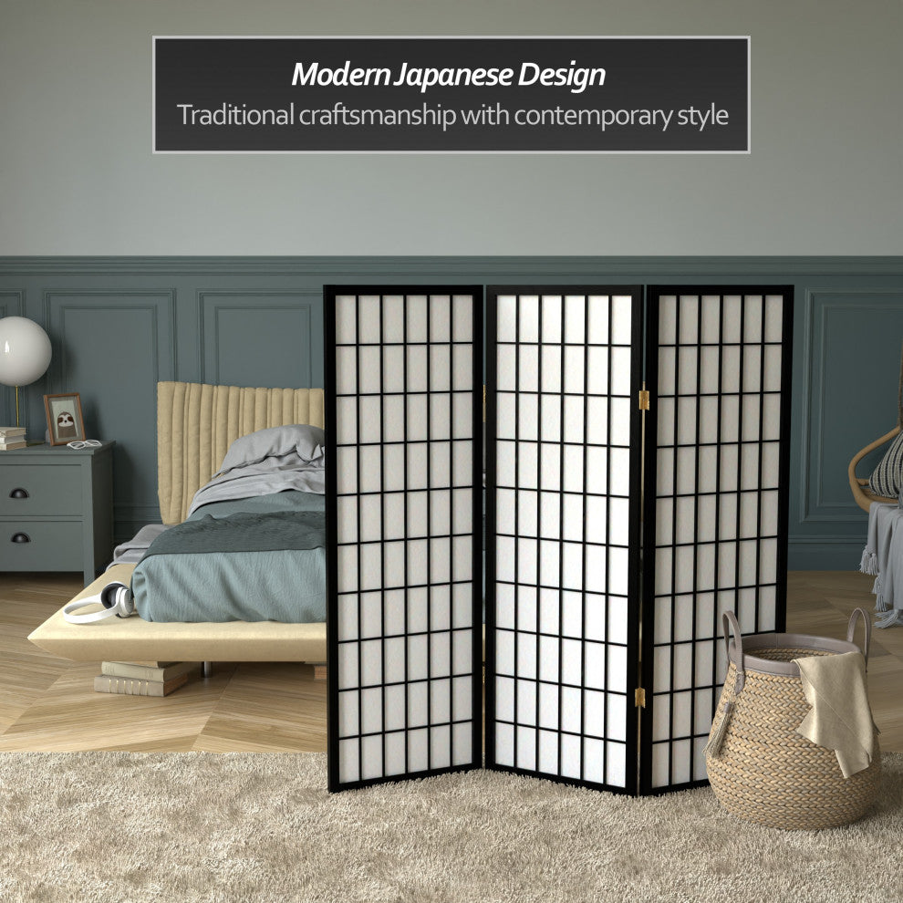 4' Tall Window Pane Shoji Screen, Black, 3 Panels