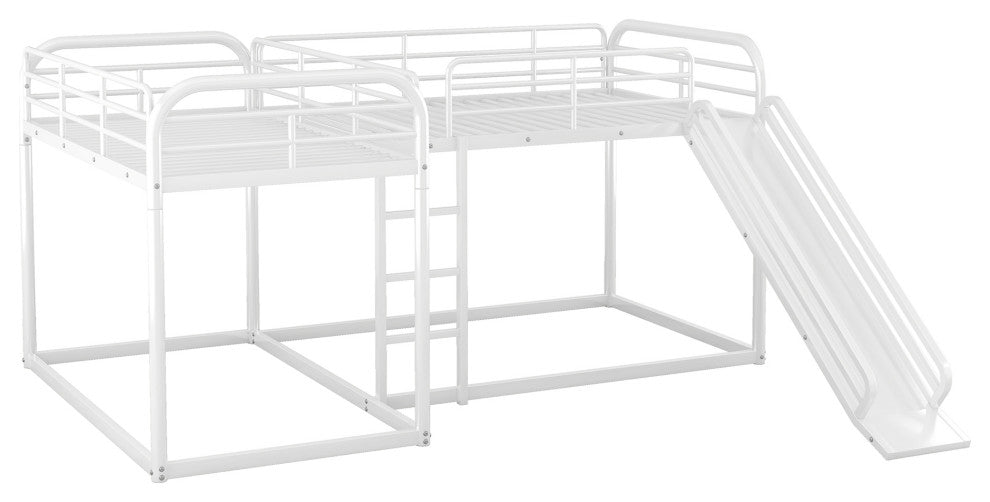 Gewnee Full and Twin Size L-Shaped Bunk Bed with Slide and Short Ladder in White