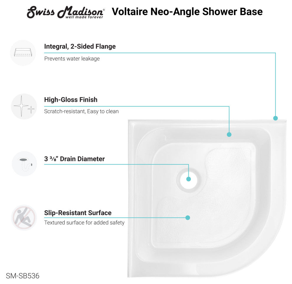 Voltaire 32"x32" Acrylic White, Single-Threshold, Neo-Angle Shower Base