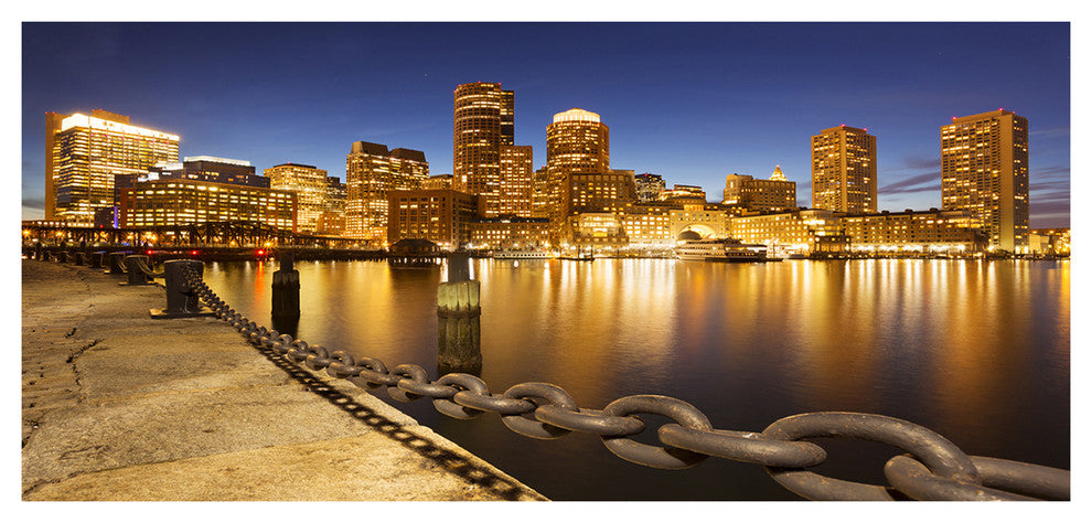 USA Skyline from Fan Pier at Night, Large Cityscape Canvas Art Print, 60"x28"