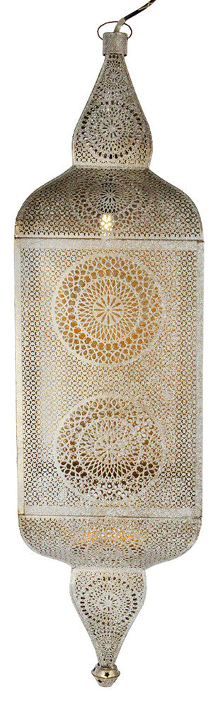 Distressed White and Gold Moroccan Cut-Out Hanging Lantern Pendant